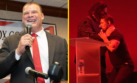 WWE凯恩郡长不满工作人员打断演讲，变身红魔，现场爆桌！